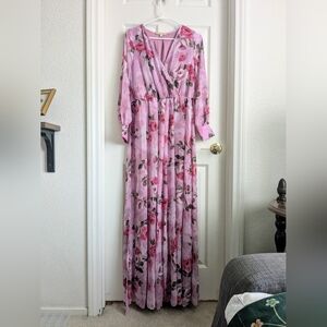 Long Pink Floral Chiffon Evening Gown with Waist Tie